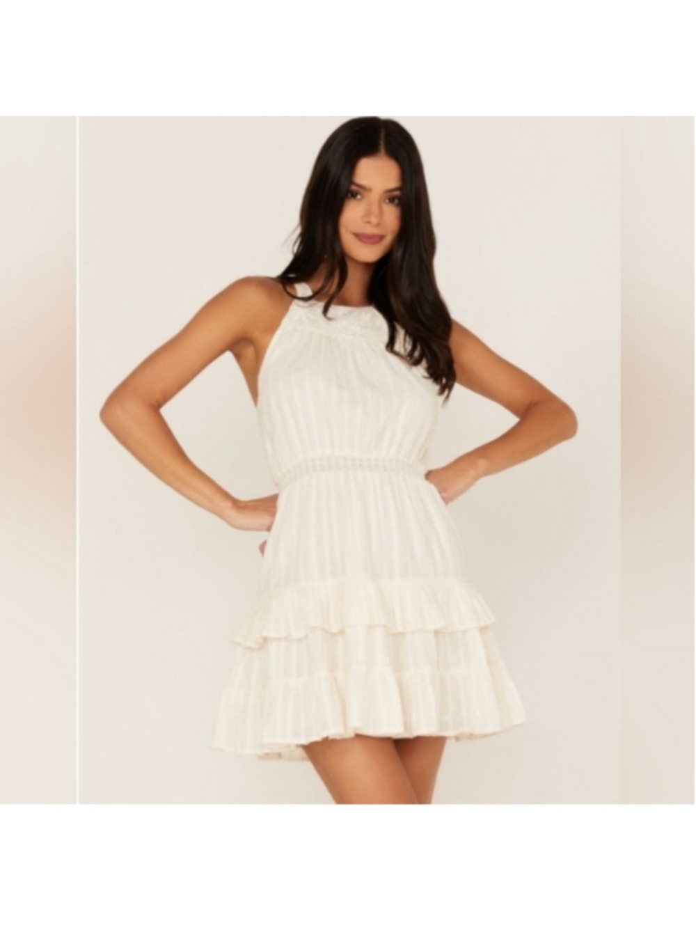 Women's Shyanne White High Neck w Back Neck Tie Ruffle Skirt Mini Dress Size S